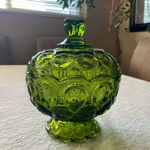 Vintage LE Smith Green Moon & Stars Pedestal Candy Dish